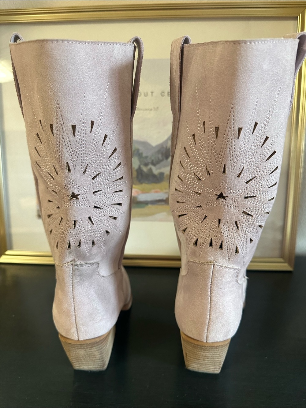 Women's Lavender Suede Western Cutout Mid-Calf Heeled Boots - Picture 4 of 10